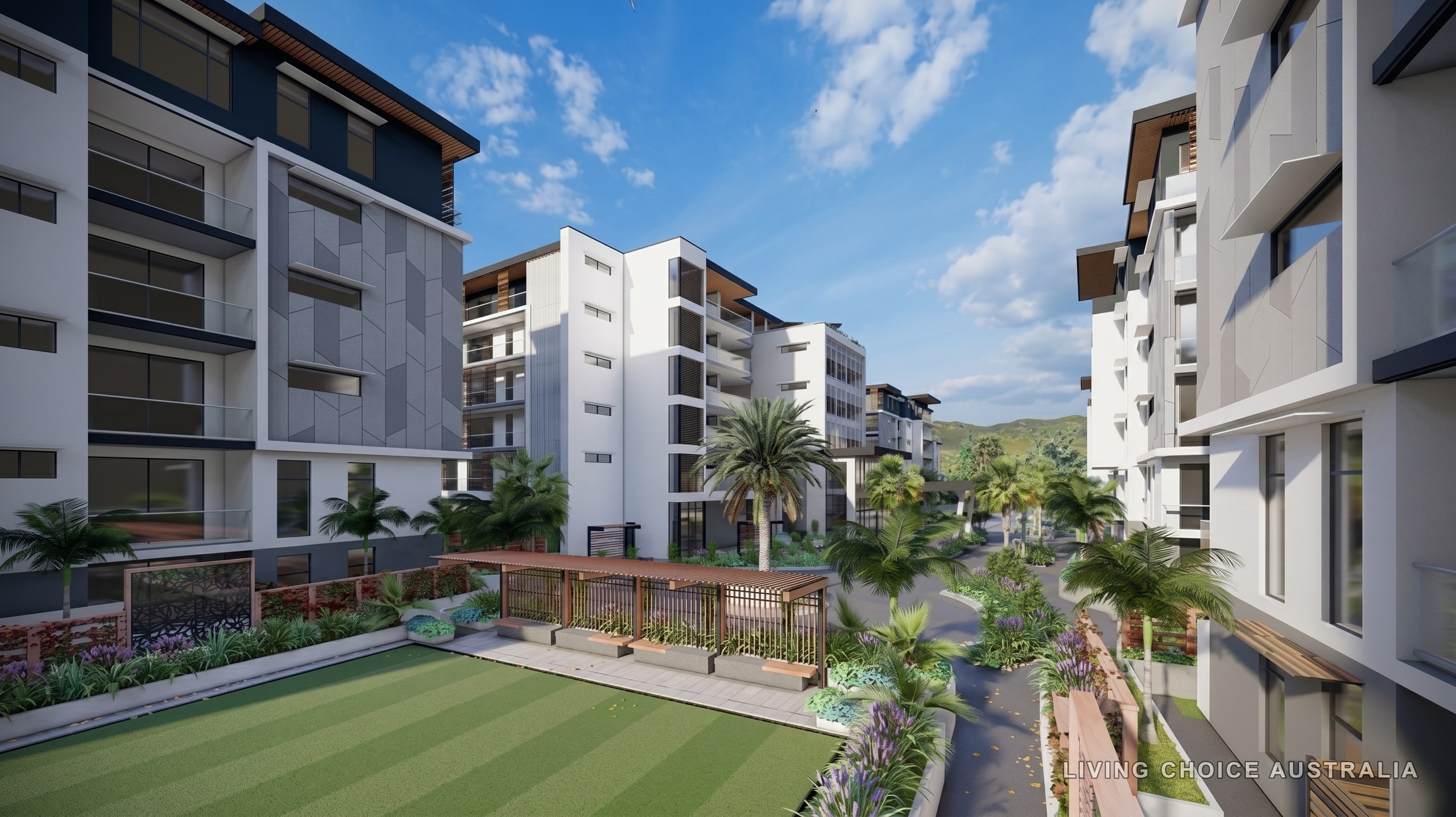 Parkwood development, QLD — courtyard and apartment buildings